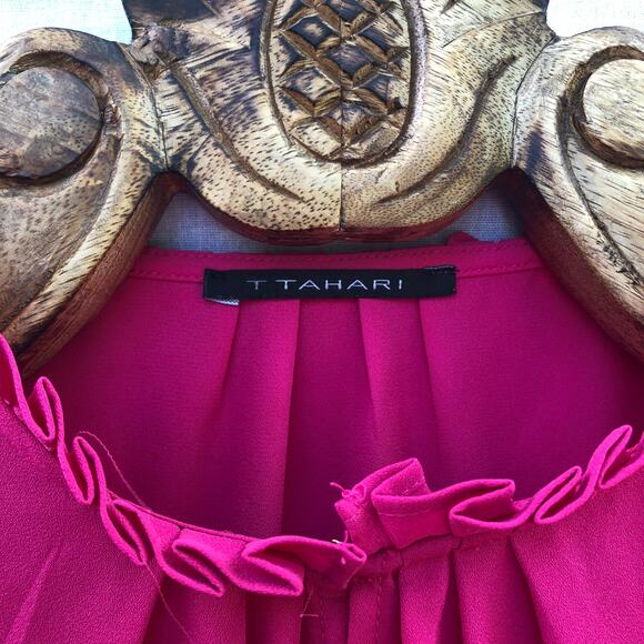 Tahari Top Bright Pink Chiffon High Neck Short Sleeve Small - Picture 3 of 9